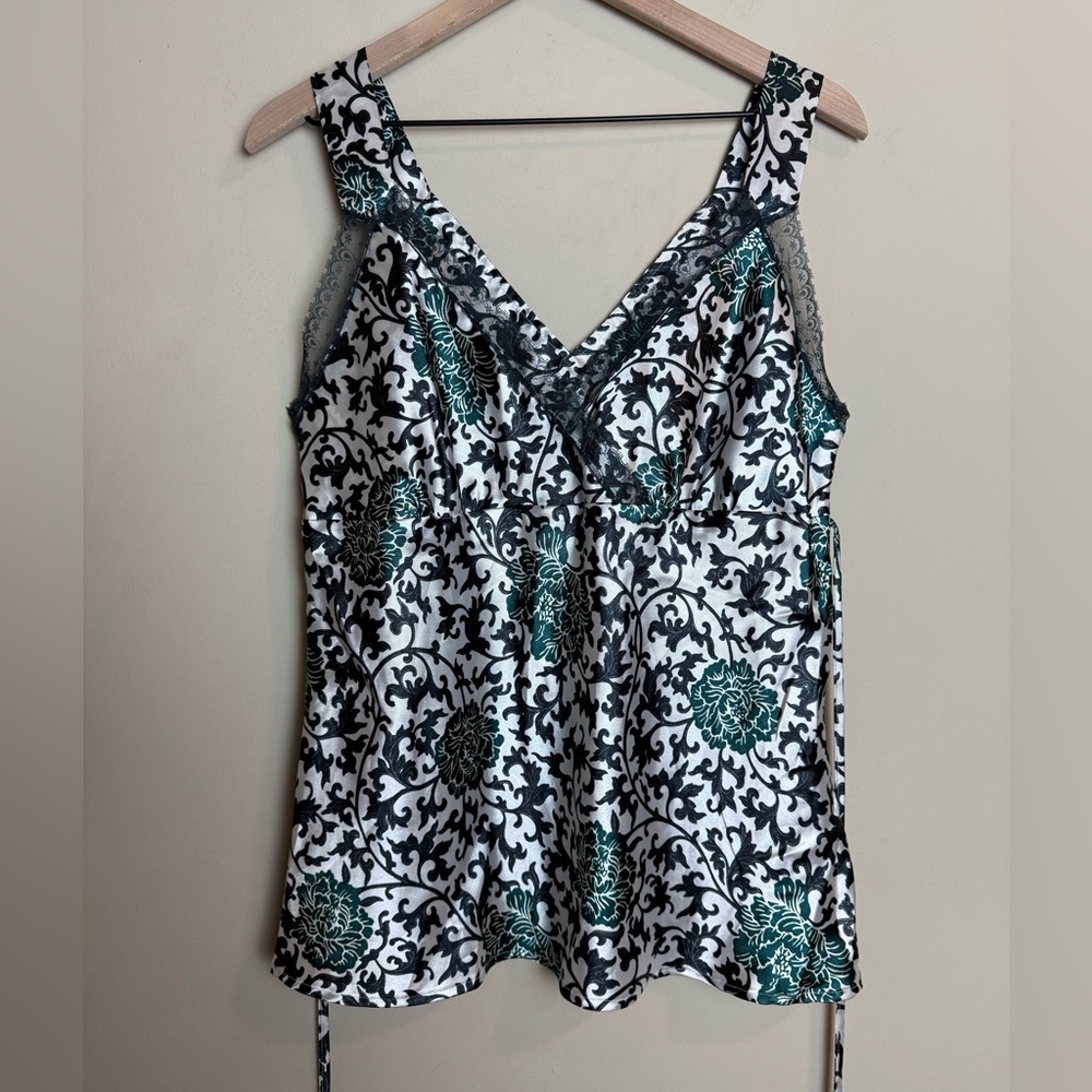 Vintage Apostrophe Womens Y2K Floral Satin Lace Tie Babydoll Tank Top Large